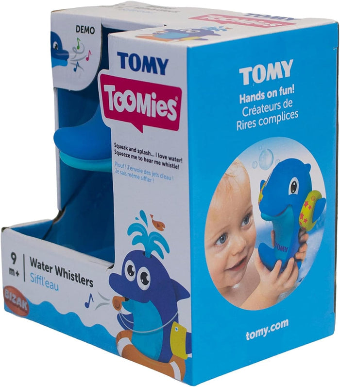 Blue dolphin bath toy in blue and white Tomy Toomies packaging with a photo of a baby playing in the tub.