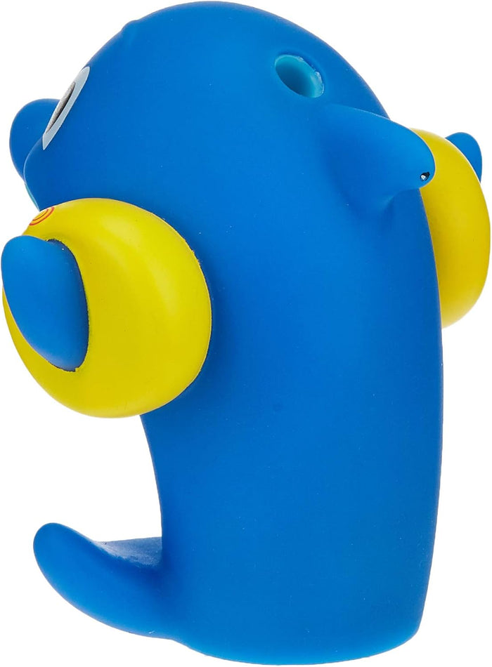 Blue dolphin bath toy with yellow rings around its side fins and a small whistle hole on top of its head.
