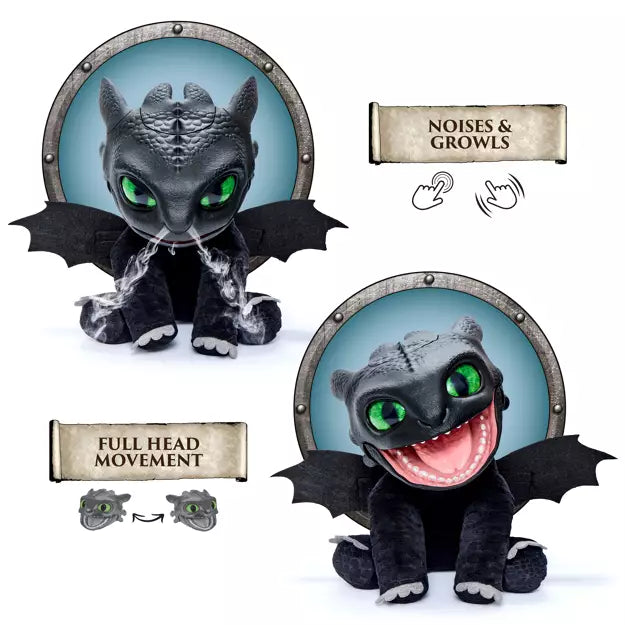 Black dragon plush toy with green eyes and wings, showing head movement and an open mouth for growling sounds.