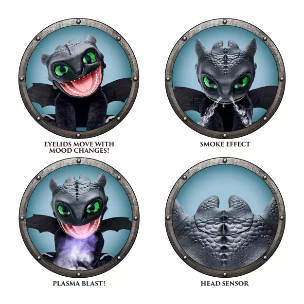 Four circular views show a black dragon toy's moving eyelids, smoke effect, purple plasma blast, and scaly head sensor.