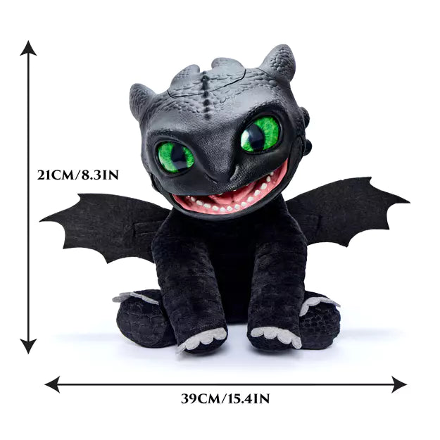 Black plush dragon toy with large green eyes and wings. Dimension labels show 21cm height and 39cm width.