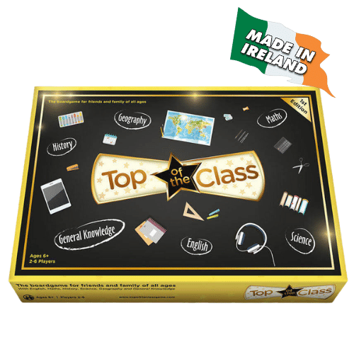 Yellow and black Top of the Class box with chalkboard subject icons and a Made in Ireland flag graphic.