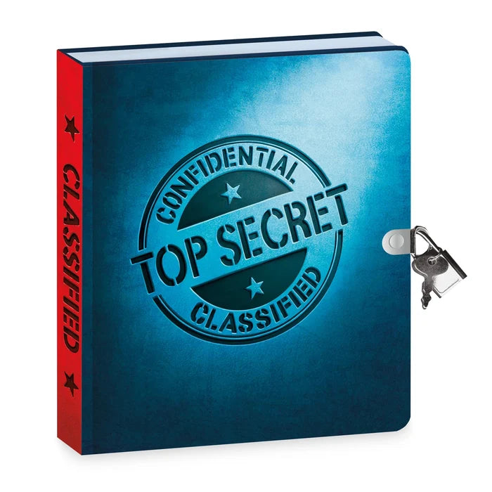 Blue diary with red spine, circular Top Secret seal on the cover, and a small silver padlock with two keys.