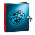 Blue diary with red spine, circular Top Secret seal on the cover, and a small silver padlock with two keys.