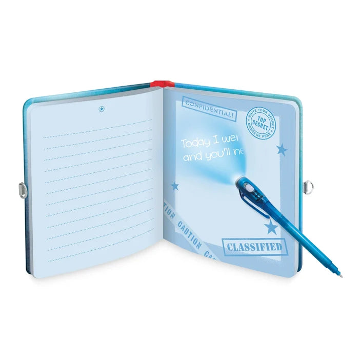 Open blue secret diary with a lock and a UV pen light revealing hidden messages on the page.