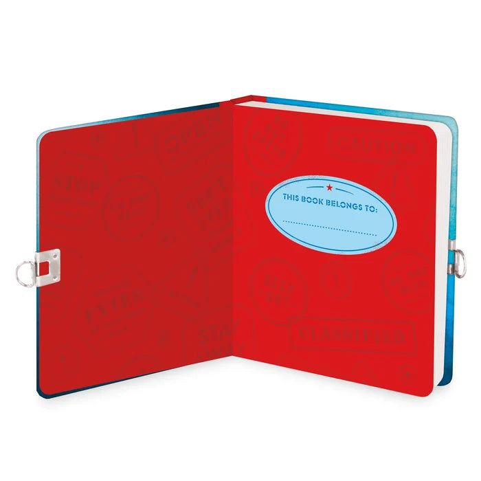 Open red journal with warning stamps, a blue This Book Belongs To sticker, and silver metal lock hardware.