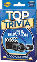 Blue trivia game box with a film clapperboard, film reels, gold lettering, and a label for 1000 questions.