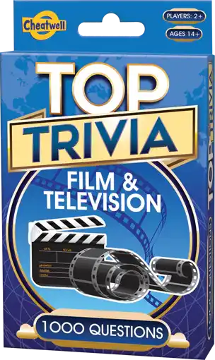 Blue trivia game box with a film clapperboard, film reels, gold lettering, and a label for 1000 questions.