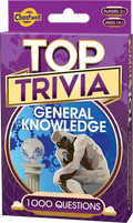 Purple trivia game box with The Thinker statue, a globe, and gears on a blue circular background.