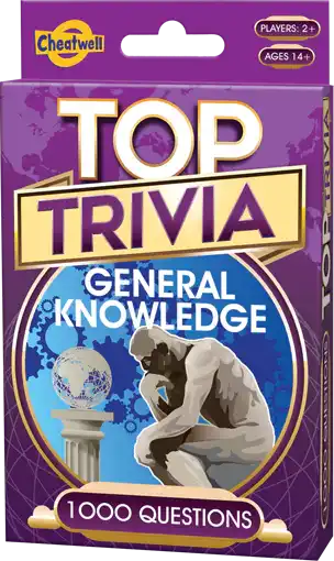 Purple trivia game box with The Thinker statue, a globe, and gears on a blue circular background.