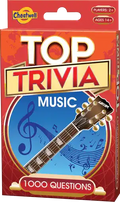 Red and orange card game box for Top Trivia Music featuring a guitar neck, blue circle, and 1000 questions banner.