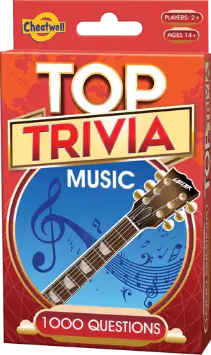 Red and orange card game box for Top Trivia Music featuring a guitar neck, blue circle, and 1000 questions banner.