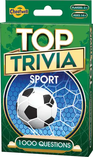 Green rectangular box for Top Trivia Sport with a soccer ball graphic, gold text, and a map of the world background.
