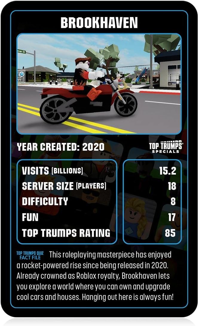 Black Brookhaven Top Trumps card showing a Roblox character on a red motorcycle, with game stats and a fact file.