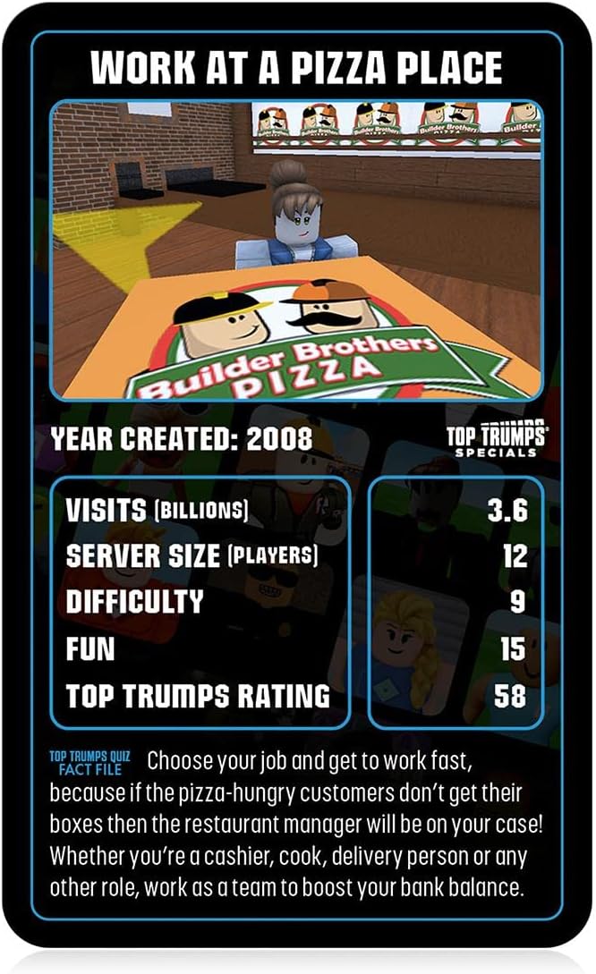 Top Trumps card for Roblox Work at a Pizza Place showing game stats and an avatar at a Builder Brothers Pizza counter.