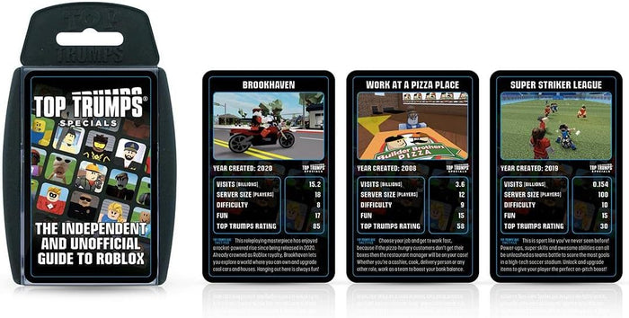 Black Top Trumps case and three Roblox cards featuring game screenshots and statistics on a white background.