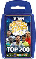 Blue plastic Top Trumps case with World Football Stars '24 graphics featuring Lionel Messi and other football players.
