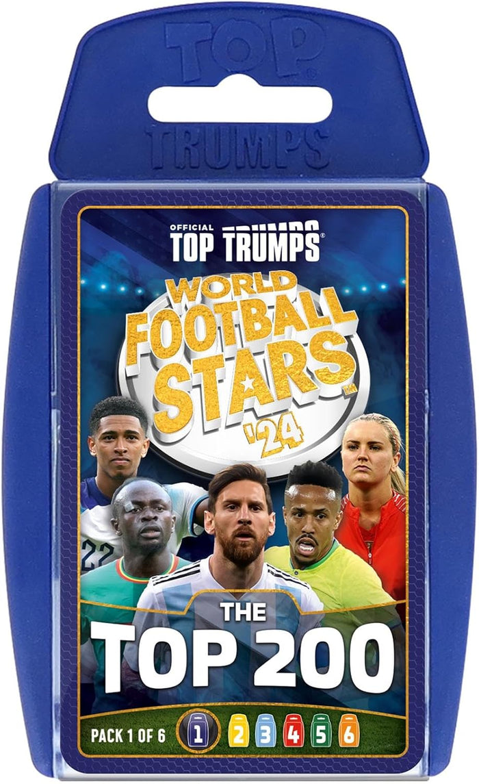 Blue plastic Top Trumps case with World Football Stars '24 graphics featuring Lionel Messi and other football players.