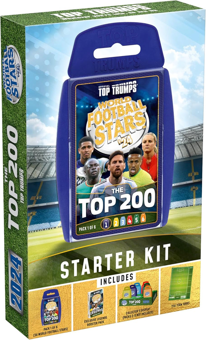 Green rectangular box for a card game featuring a blue plastic case with football player photos and game accessories.