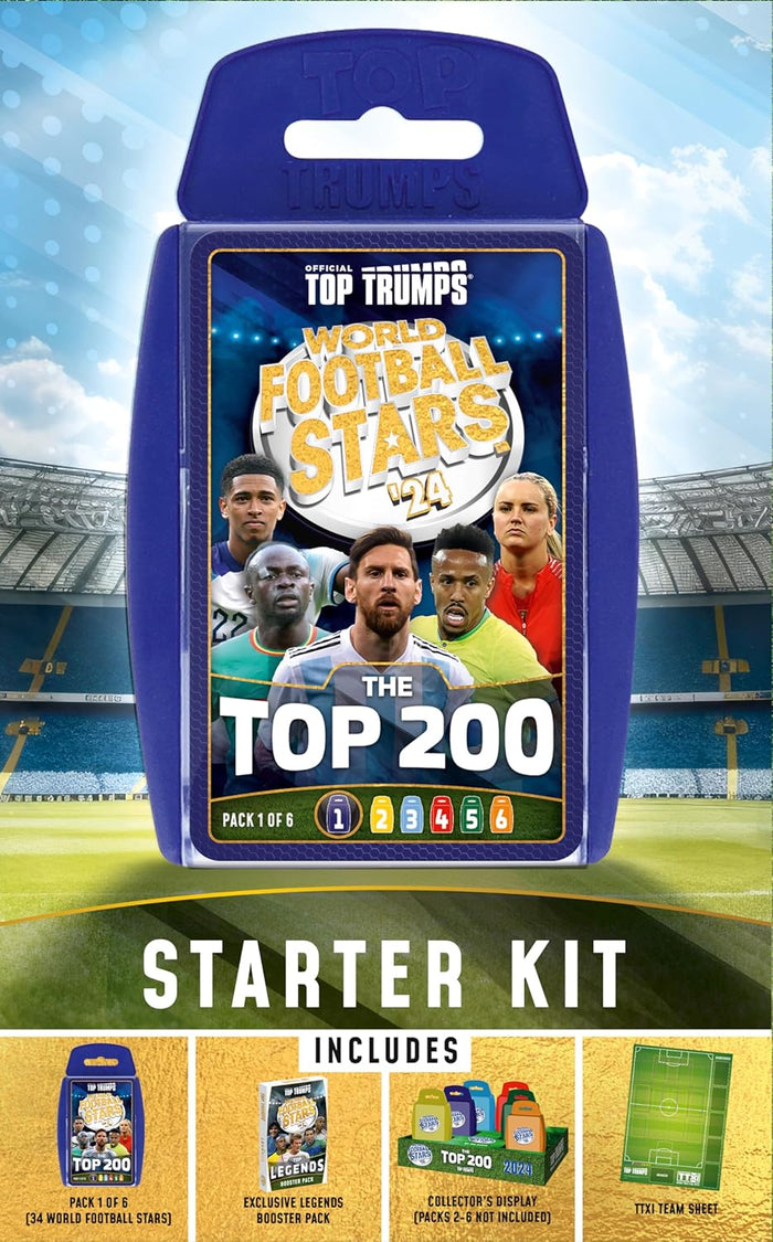 Blue plastic case with soccer stars, plus a legends booster pack, colorful display tray, and green soccer field sheet.