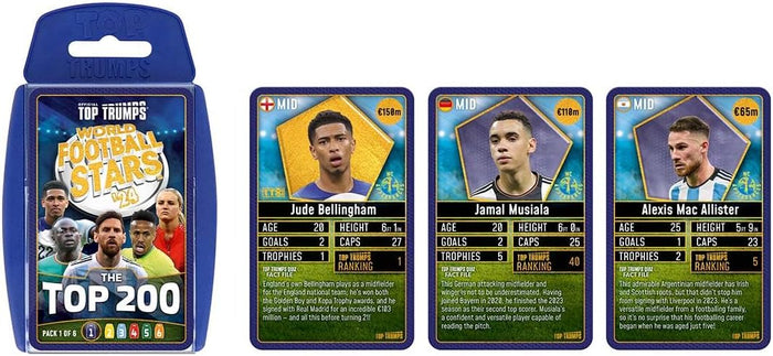 Blue Top Trumps Football Stars 2024 case with three cards showing Bellingham, Musiala, and Mac Allister.