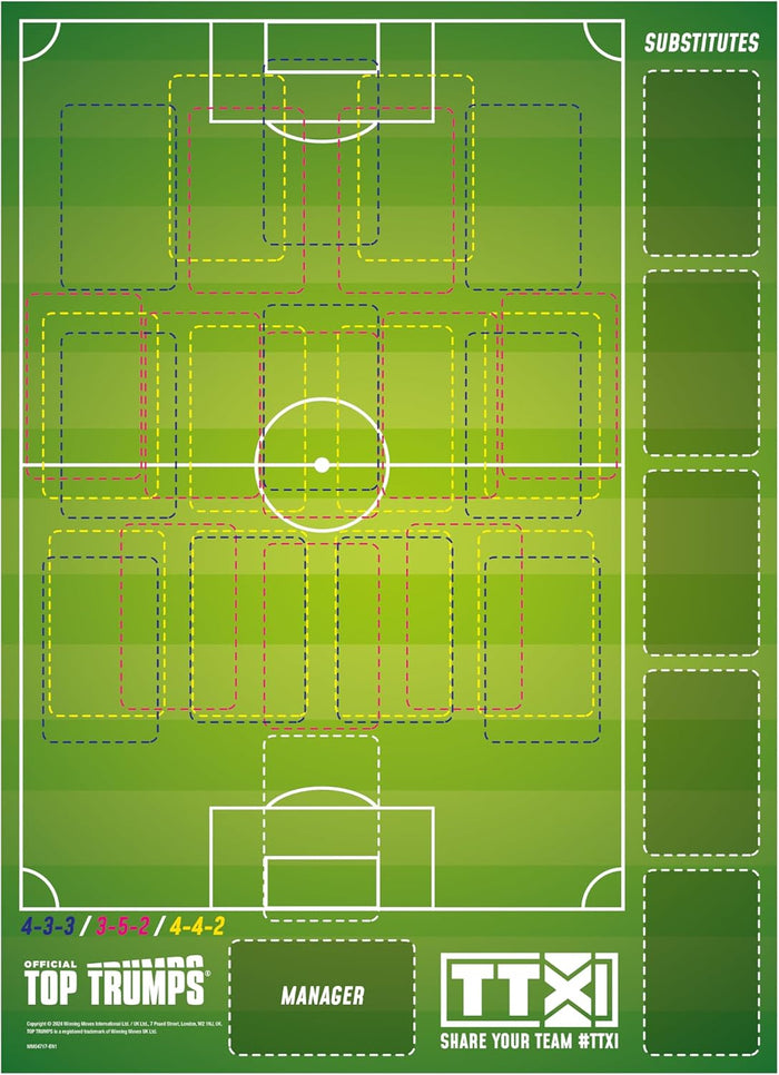 Green football pitch playmat with color-coded dotted outlines for card formations, substitutes, and a manager slot.