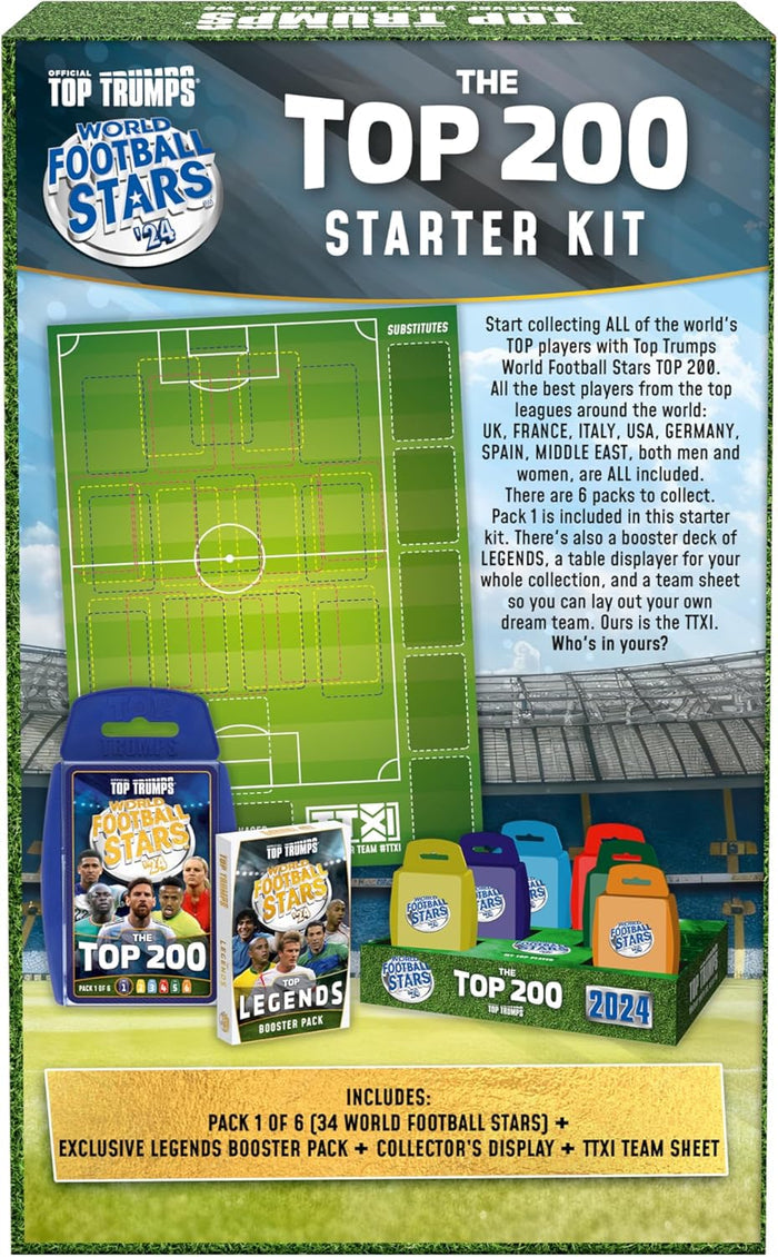 Packaging featuring a green football field sheet, colorful card cases, and a collector's display in a stadium setting.