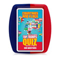 Blue and red plastic case for Top Trumps Countries and Flags Quiz game, featuring a world map made of flags.