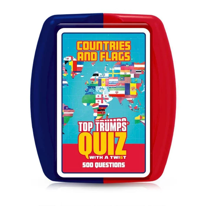 Blue and red plastic case for Top Trumps Countries and Flags Quiz game, featuring a world map made of flags.