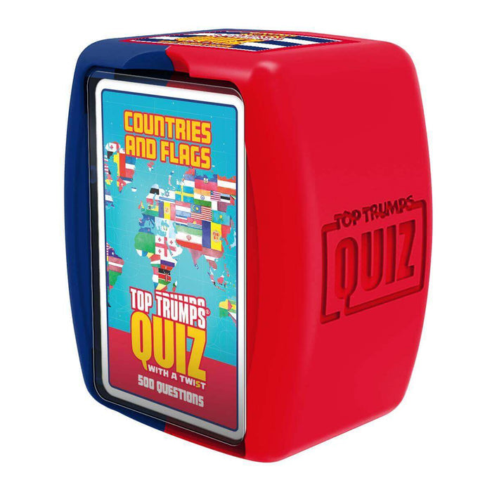 Red and blue plastic case for Top Trumps Quiz with a card showing a world map made of flags and 500 questions.