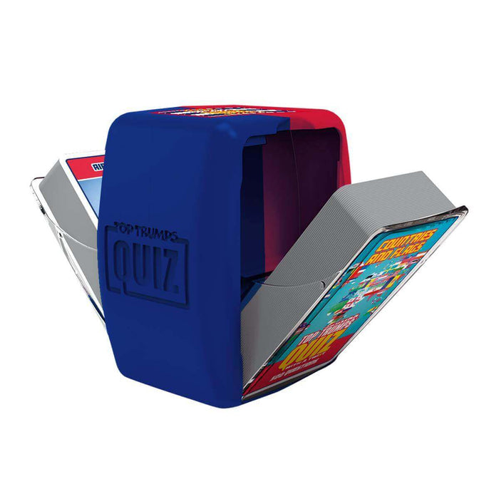 Blue and red plastic cube case with side compartments open, revealing two decks of world flags trivia cards.