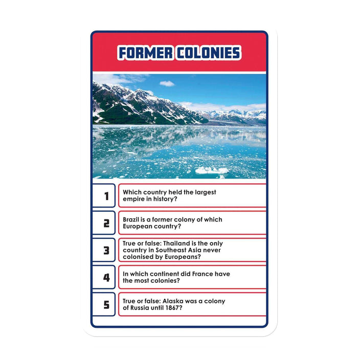 Former Colonies trivia card featuring a glacial landscape photo and five numbered history and geography questions.