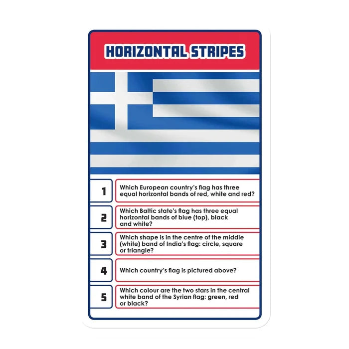Quiz card showing the Greek flag above five numbered questions under the title Horizontal Stripes.