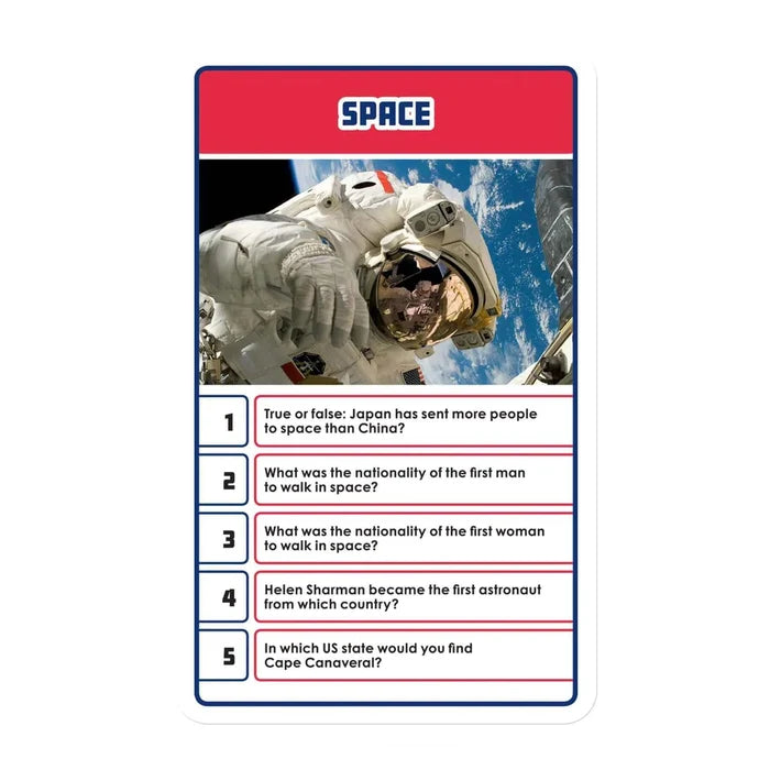 White Top Trumps Quiz Space card with an astronaut photo and five numbered trivia questions in red-bordered boxes.