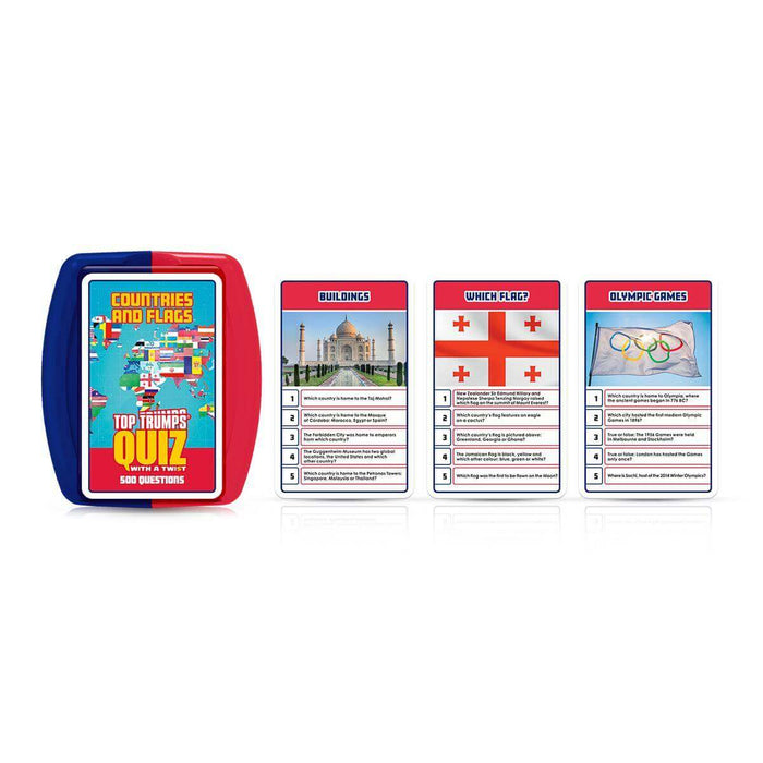 Top Trumps Countries and Flags quiz in a red and blue case with sample cards for Buildings, Flags, and Olympic Games.