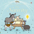 Pale blue book cover with cartoon animals around baby Jesus in a manger under a bright yellow star and an angel.