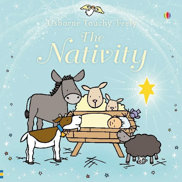 Pale blue book cover with cartoon animals around baby Jesus in a manger under a bright yellow star and an angel.