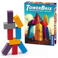 Colorful wooden blocks stacked in a structure next to a game box featuring an illustration of giant construction bricks.