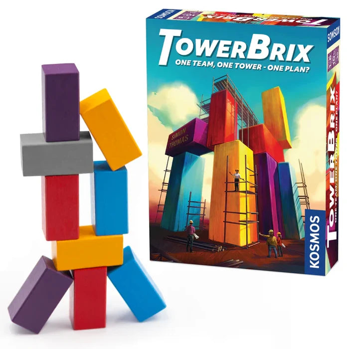 Colorful wooden blocks stacked in a structure next to a game box featuring an illustration of giant construction bricks.