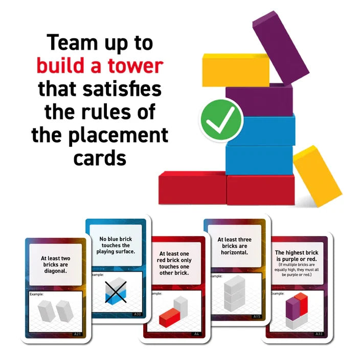 Colorful rectangular blocks stacked in a tower alongside five game cards detailing building rules and diagrams.