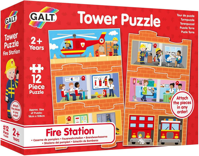 Red Galt 12-piece puzzle box with illustrations of a vertical fire station, helicopter, fire truck, and firefighters.