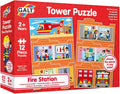 Red Galt 12-piece puzzle box with illustrations of a vertical fire station, helicopter, fire truck, and firefighters.