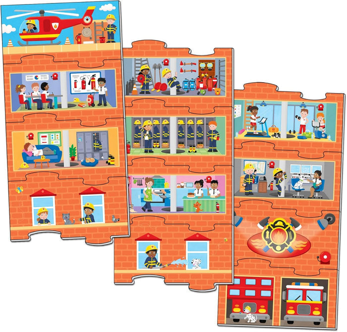 Three vertical interlocking puzzle pieces showing a detailed fire station with a helicopter, fire truck, and crew.