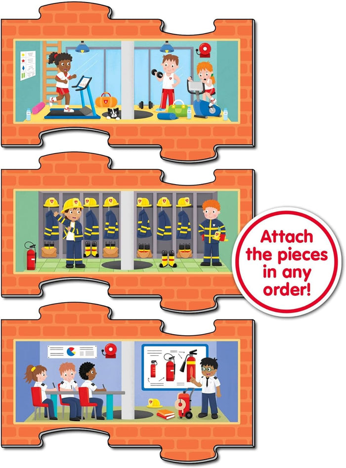 Three interlocking puzzle pieces showing scenes of children in a fire station gym, locker room, and classroom.