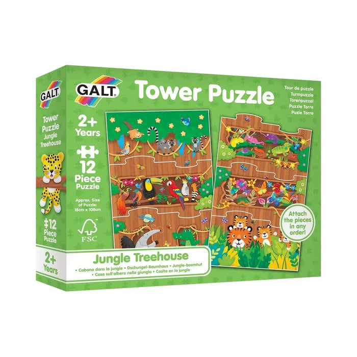 Green box for a 12-piece vertical puzzle with colorful illustrations of jungle animals in a tall treehouse.