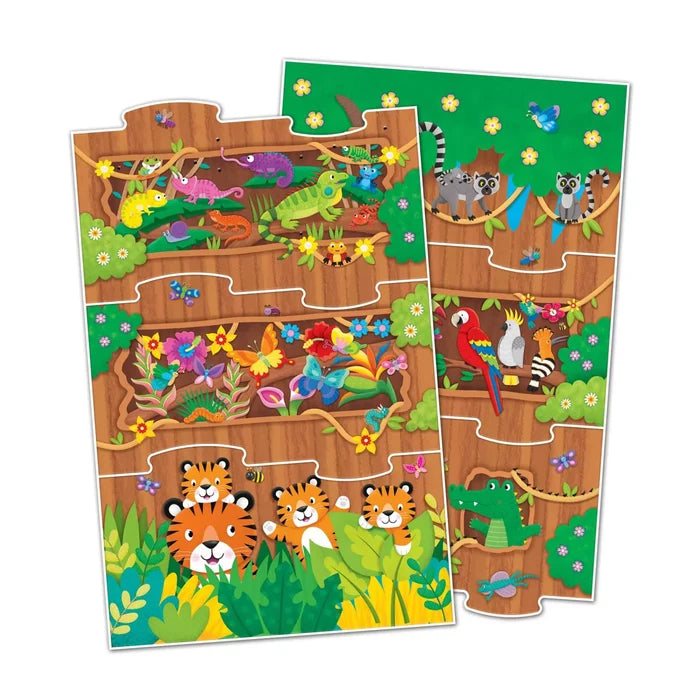 Two vertical puzzle sheets showing a colorful jungle treehouse with tigers, reptiles, birds, and lemurs.