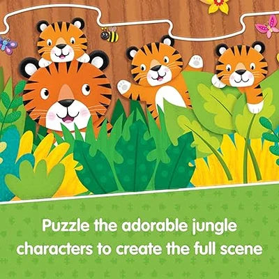 Four cartoon tigers peek through bright green and yellow jungle leaves in a colorful children's puzzle scene.