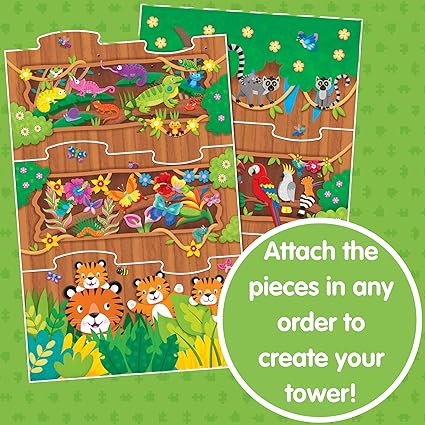 Colorful stackable puzzle pieces featuring jungle animals like tigers and birds in a vertical treehouse scene.