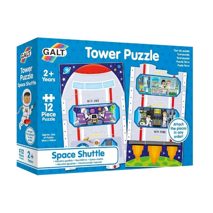Blue toy box for a 12-piece Space Shuttle Tower Puzzle featuring colorful rocket ship illustrations and astronauts.