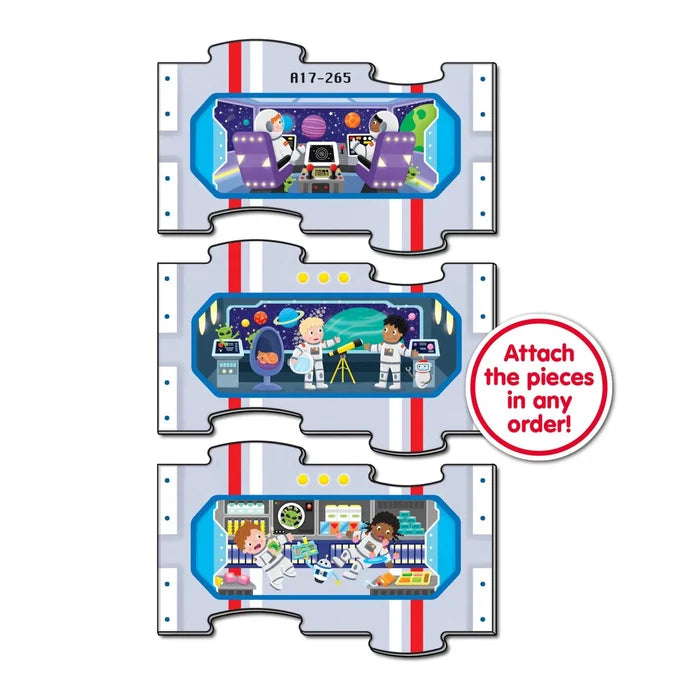 Three interlocking spaceship puzzle pieces featuring child astronauts in various space shuttle interior scenes.